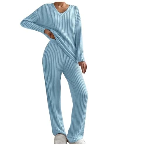 2024 Trendy Lightweight Knit Lounge Sets for Women V-Neck Straight Leg