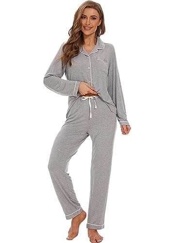 Yoolfine Women's Soft Long Sleeve Button-Up Pajamas Set - XS-XXL