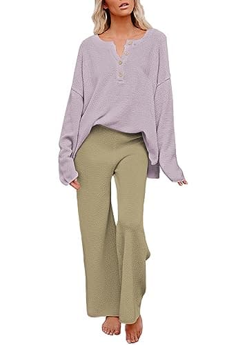 Pink Queen Women's Long Sleeve Button Sweater Top & Wide Leg Knit Pants Outfit Set