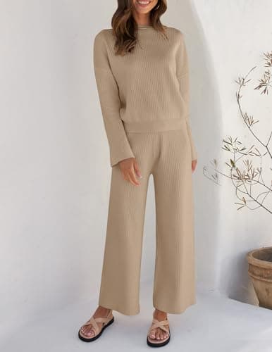 ZESICA Women's Casual Long Sleeve Knit Top & Wide Leg Pants Sweatsuit Set