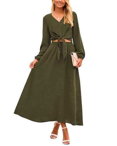PRETTYGARDEN Women's Casual V-Neck Long Sleeve Crop Top & High Waist Midi Skirt Set