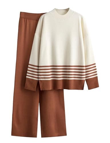 Tanming Women's 2 Piece Knitted Lounge Outfit Sweater Tops Wide Leg Pants Tracksuit