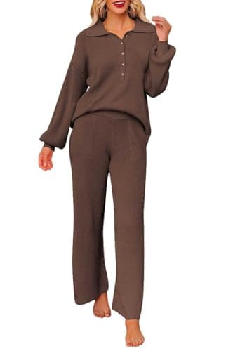 Pink Queen Women's Long Sleeve Button Knit Sweater Wide Leg Pants Outfit