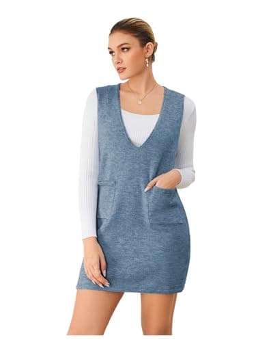 OYOANGLE Women's V-Neck Sleeveless Knitted Short Sweater Dress with Pockets
