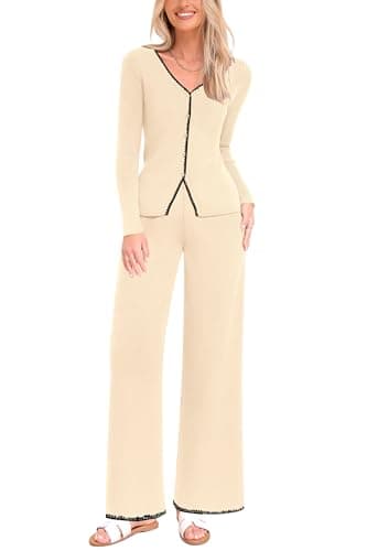 PrettyGarden Women's 2024 Winter Knit Lounge Sets Wide Leg Pants Buttons