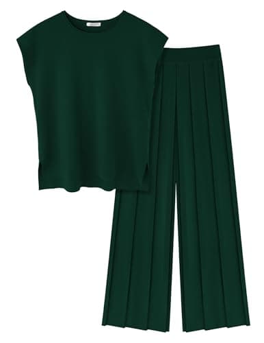 Ekouaer Women's Knit Cap Sleeve Tops & Wide Leg Pleated Pants Casual Sweater Sets