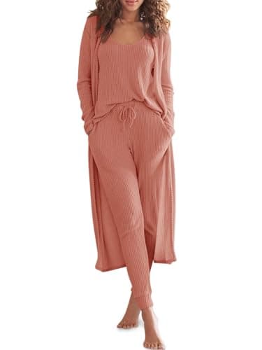 Eurivicy Women's Waffle Knit 3-Piece Lounge Set with Long Cardigan