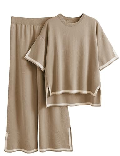Faleave Women's Short Sleeve Knit Sweater & Elastic Waist Wide Leg Pants Lounge Set
