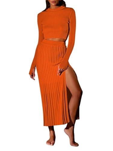Pink Queen Women's 2-Piece Long Sleeve Crop Top & Ribbed Midi Skirt Knit Dress Set