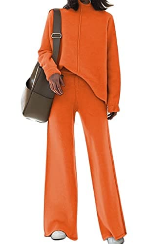 High Neck Knitted Sweater and Wide Leg Pant Set for Women