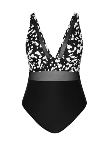 CUPSHE Women's Plus Size V-Neck Mesh Swimsuit with Tummy Control Adjusted Straps
