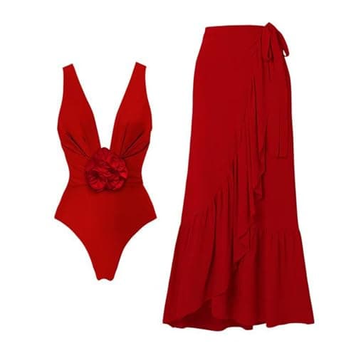 Cethrio Plus Size Vintage Printed Bodystyle Swimwear with Sarong Wrap Skirt