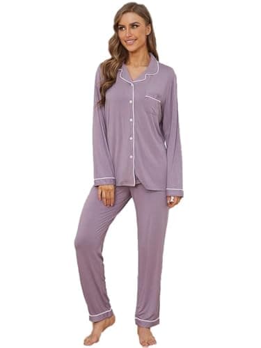 Yoolfine Women's Soft Long Sleeve Button-Up Pajamas Set - XS-XXL