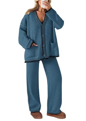 PRETTYGARDEN Women's Matching Lounge Sets Knit Cardigan & Wide Leg Pants