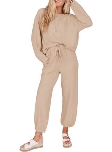 SHEWIN Women's Waffle Knit Lounge Sets Casual Long Sleeve Pullover Joggers