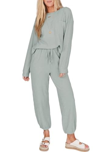 SHEWIN Women's Waffle Knit Lounge Sets Casual Long Sleeve Pullover Joggers