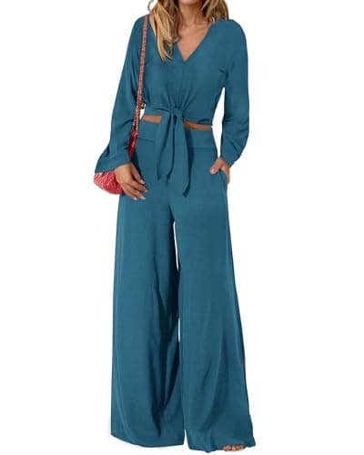 PrettyGarden Women's 2025 Spring V Neck Crop Top & Wide Leg Palazzo Pants Outfit Sets