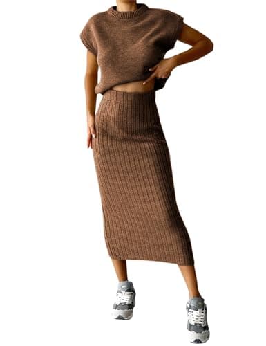 Zhiyouni Women's 2-Piece Sweater Set with Knit Vest and Maxi Skirts