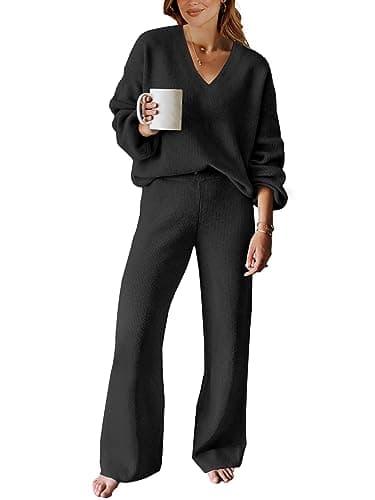ANRABESS Women's Long Sleeve Cable Knit Set with Wide Leg Pants