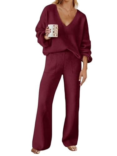 MEROKEETY Women's Long Sleeve Knit Top & Wide Leg Pant Lounge Set