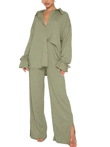 LYANER Women's Button Down Long Sleeve Shirt & Wide Leg Pants Set