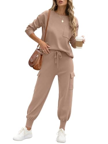 Caracilia Women's Long Sleeve Knit Outfit Matching Jogger Pants Fall Lounge Sets
