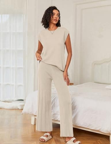 Ekouaer Women's Knit Cap Sleeve Tops & Wide Leg Pleated Pants Casual Sweater Sets