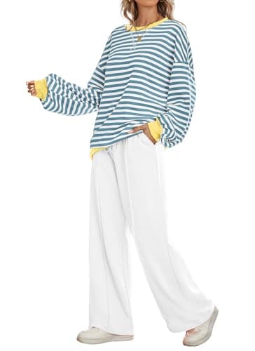Kikibell Women's Striped Color Block Sweatshirt & Wide Leg Pants Trendy Tracksuit
