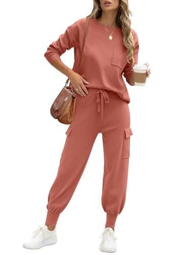 Caracilia Women's Long Sleeve Knit Outfit Matching Jogger Pants Fall Lounge Sets