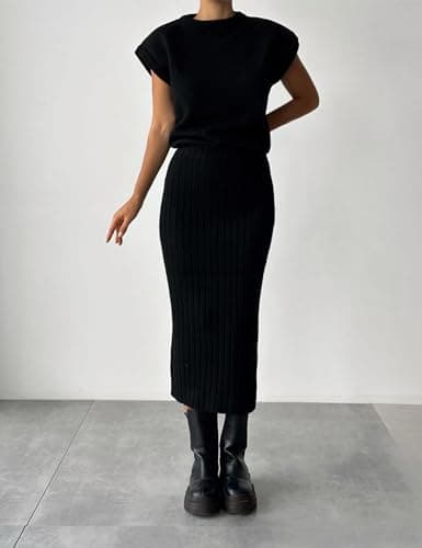Zhiyouni Women's 2-Piece Sweater Set with Knit Vest and Maxi Skirts