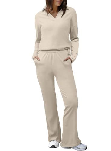 Herseas Women's Long Sleeve V-Neck Sweater Set & High Waist Wide Leg Pants