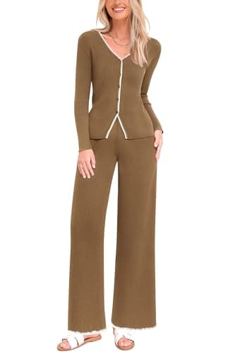 PrettyGarden Women's 2024 Winter Knit Lounge Sets Wide Leg Pants Buttons