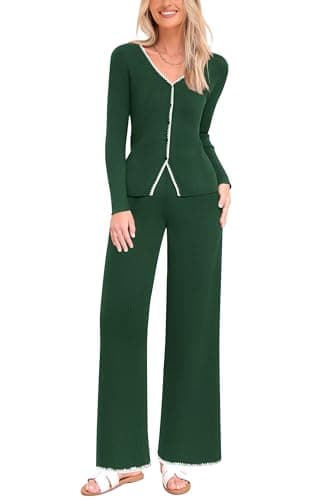 PrettyGarden Women's 2024 Winter Knit Lounge Sets Wide Leg Pants Buttons