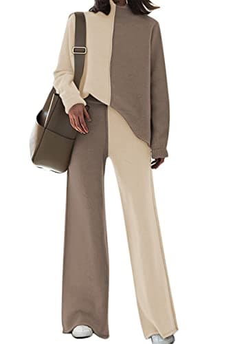 High Neck Knitted Sweater and Wide Leg Pant Set for Women