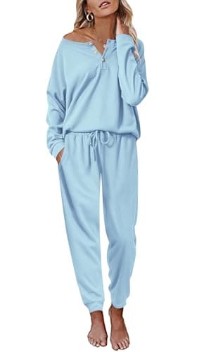 Ekouaer Women's Waffle Knit Pajama Set Long Sleeve S-XXLCasual Loungeewear