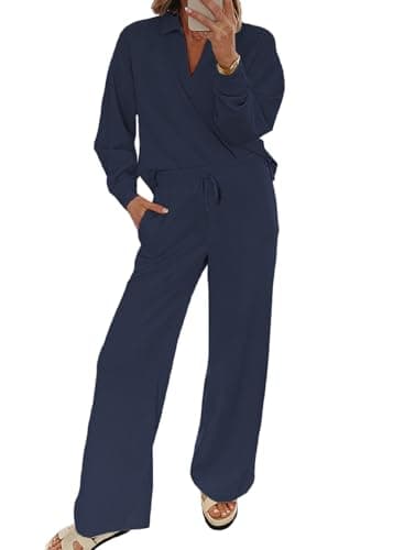 EVALESS Women V-Neck Sweatshirt & Wide Leg Sweatpants Lounge Set