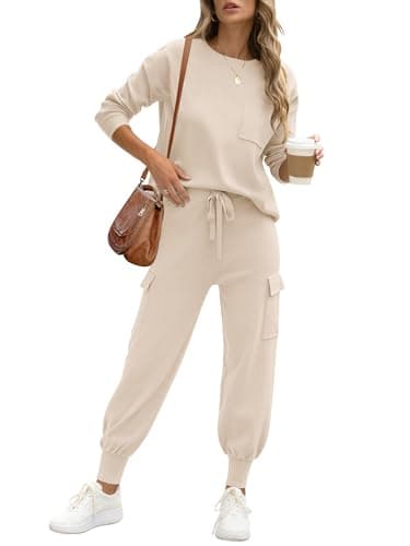 Caracilia Women's Long Sleeve Knit Outfit Matching Jogger Pants Fall Lounge Sets