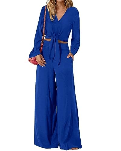 PrettyGarden Women's 2025 Spring V Neck Crop Top & Wide Leg Palazzo Pants Outfit Sets