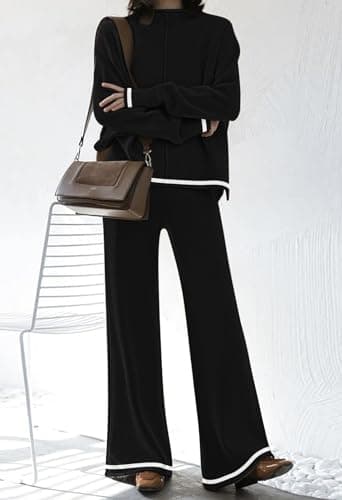Fixmatti Women's Long Sleeve Knit Top & Wide Leg Pant Lounge Set