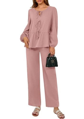 PRETTYGARDEN Women's Tie Front Long Sleeve Top & Wide Leg Pant Loungewear Set