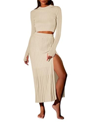 Pink Queen Women's 2-Piece Long Sleeve Crop Top & Ribbed Midi Skirt Knit Dress Set