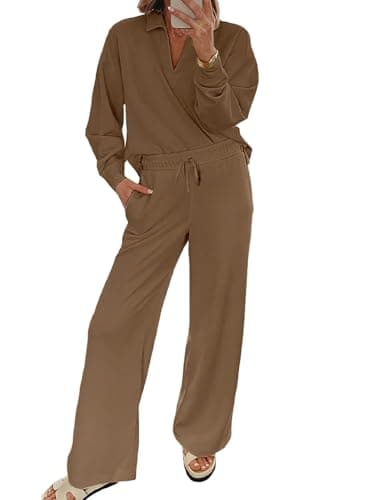 EVALESS Women V-Neck Sweatshirt & Wide Leg Sweatpants Lounge Set