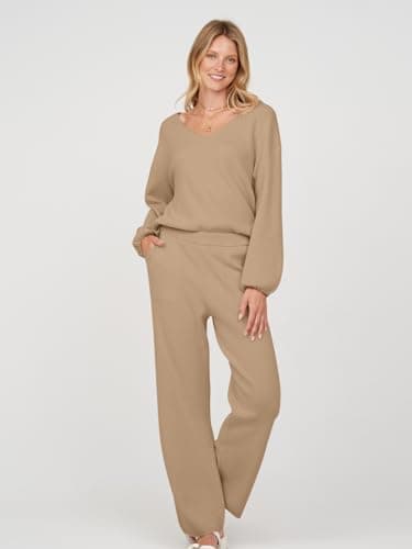 MEROKEETY Women's Long Sleeve Knit Top & Wide Leg Pant Lounge Set