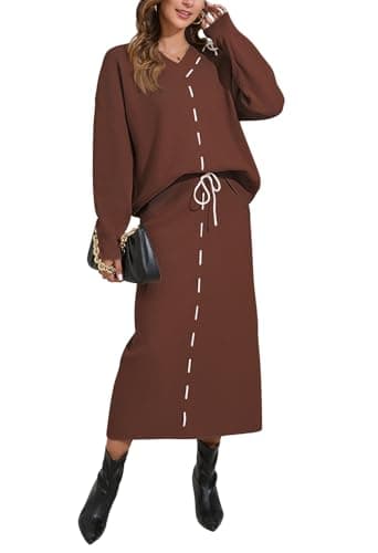 Pink Queen 2024 Women's V-Neck Sweater & Long Sleeve Maxi Skirt Casual Set