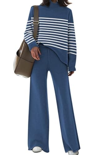AOHITE Women's Long Sleeve Knit Sweater Top & Wide Leg Sweatpants Outfit Set