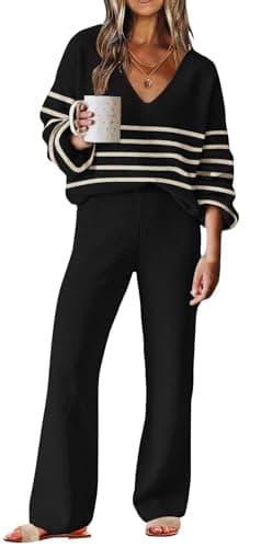 ETCYY New Women's Sweater Lounge Set Casual V-Neck Long Sleeve Top Wide Leg Pants