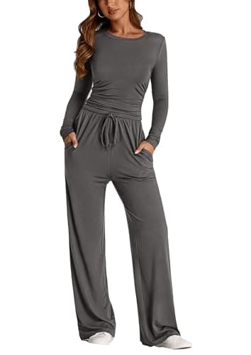 PrettyGarden Women's Spring Fall Two-Piece Tracksuit Long Sleeve Crop Tops Wide Leg Pants Matching Lounge Sets