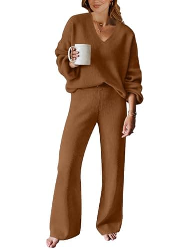 ANRABESS Women's Long Sleeve Cable Knit Set with Wide Leg Pants
