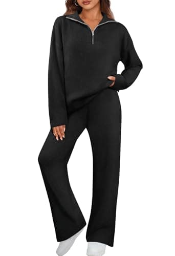 MEROKEETY Women's Long Sleeve Quarter Zip Knit Top & Wide Leg Pants Matching Set