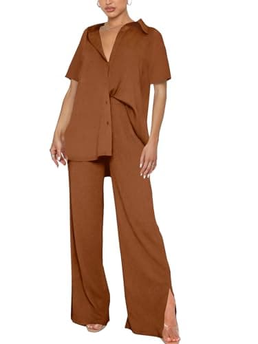 LYANER Women's Button Down Shirt & Wide Leg Pants Set